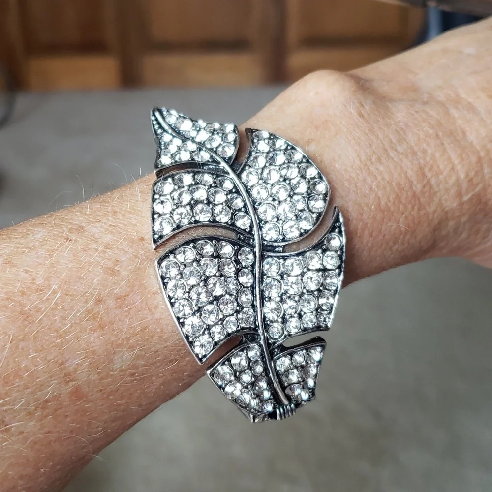 Silver Tone Jewel Encrusted Leaf Hinged  Bracelet